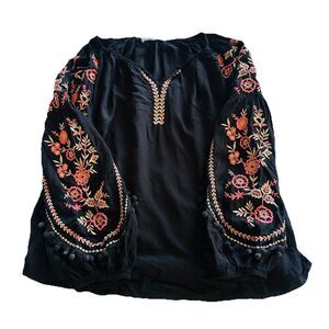 Solitaire Boho Top-Womens SZ M Embroidered-Birds-3/4 Puff SleeveV-Neck Black